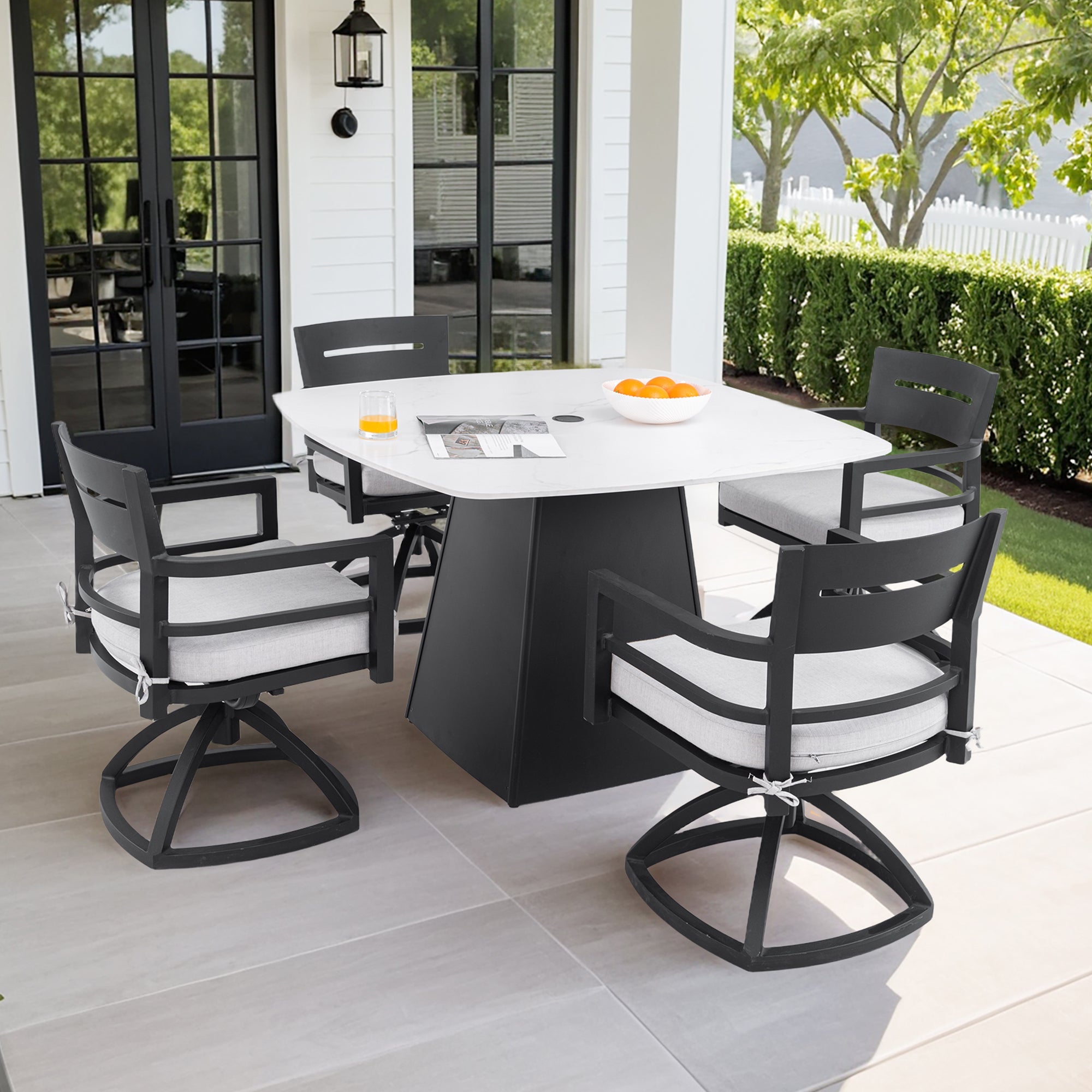 Outdoor Dining Set Aluminum Sintered Stone Black Squircle 5 Piece Swivel