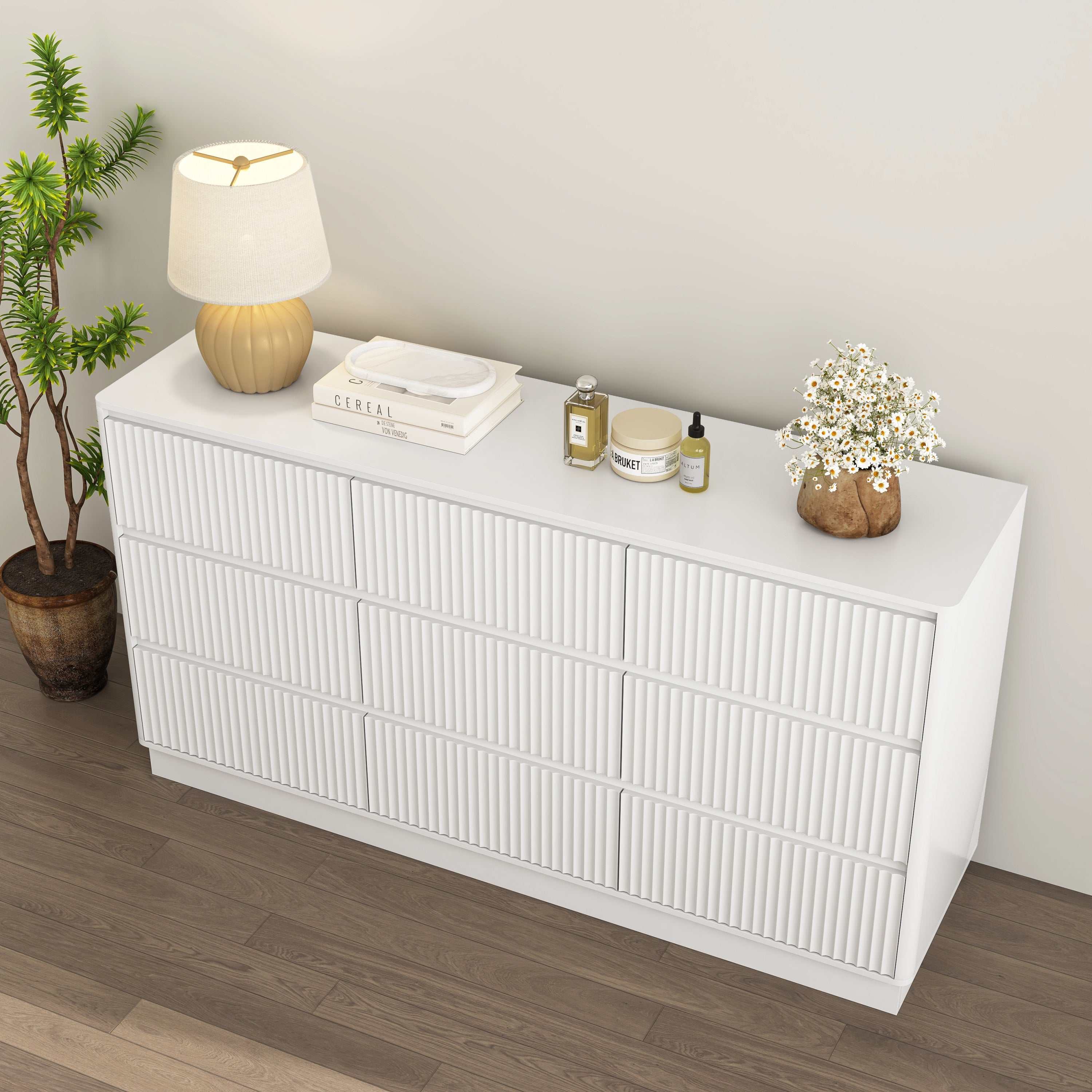 Dresser Mid-Century 9-Drawer White Wave No-Handle 59.1x15.7x31.6 In