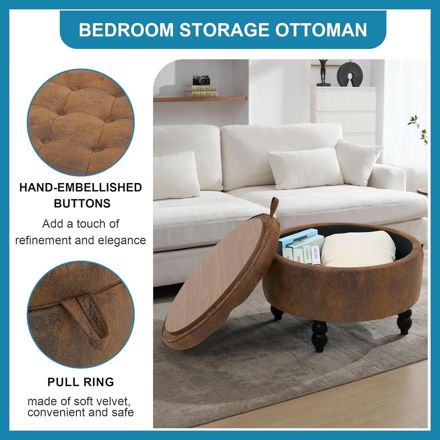 24 Inch Upholstered Storage Ottoman Featuring Tray