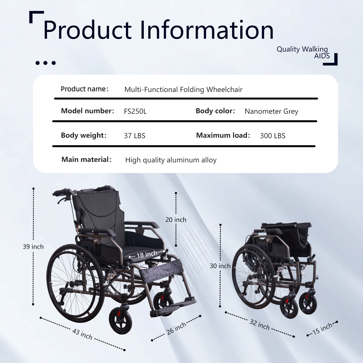 Wheelchair Manual Aluminum 24 In Quick Release Wheels Memory Foam Dark Gray
