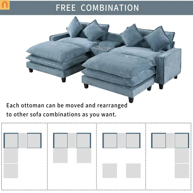 Sectional Sofa Chenille Light Blue 2 Seat USB Ports 2 Ottomans 111 In