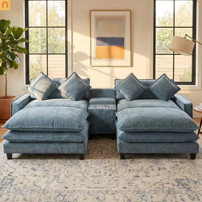 Sectional Sofa Chenille Light Blue 2 Seat USB Ports 2 Ottomans 111 In