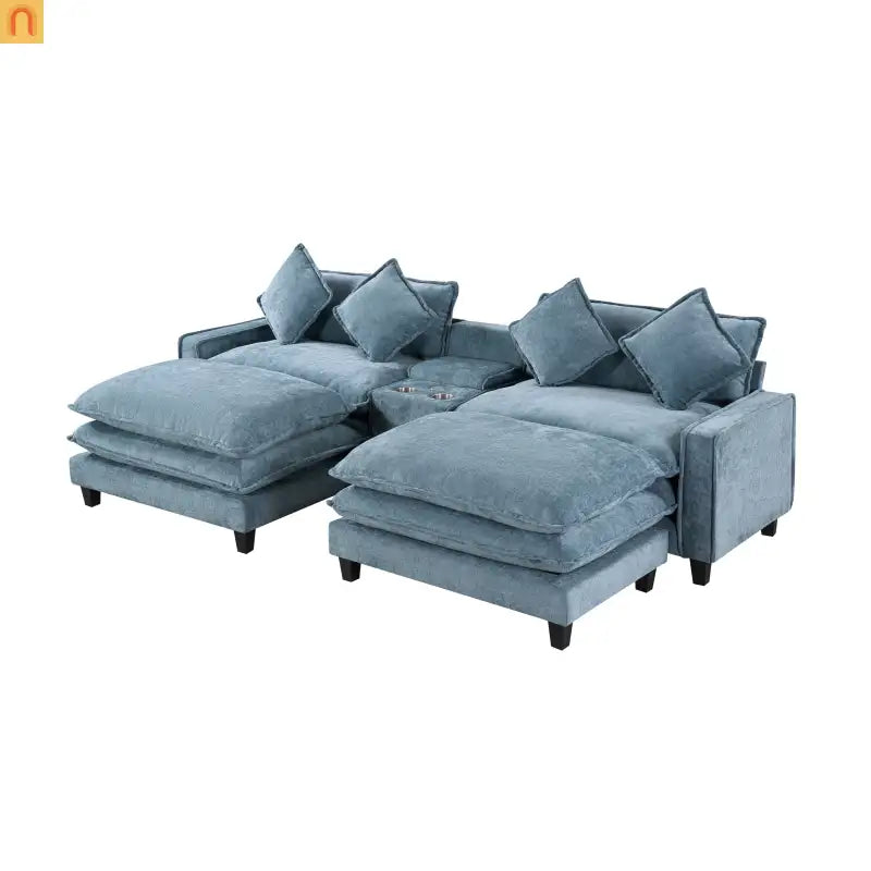 Sectional Sofa Chenille Light Blue 2 Seat USB Ports 2 Ottomans 111 In