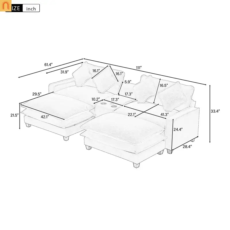 Sectional Sofa Chenille Light Blue 2 Seat USB Ports 2 Ottomans 111 In