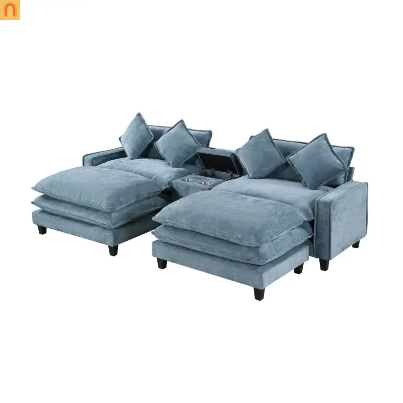 Sectional Sofa Chenille Light Blue 2 Seat USB Ports 2 Ottomans 111 In