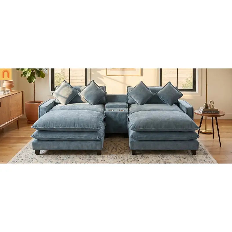 Sectional Sofa Chenille Light Blue 2 Seat USB Ports 2 Ottomans 111 In