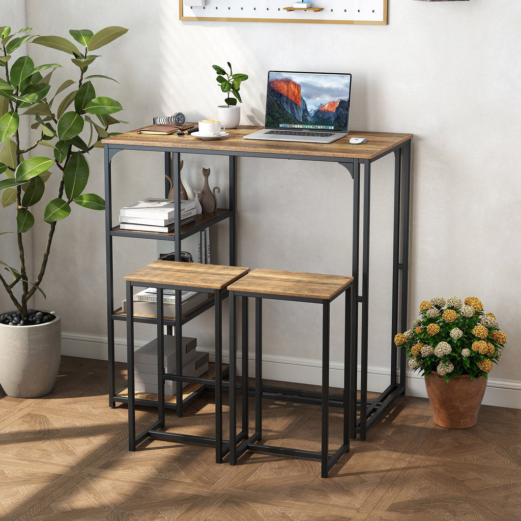 3-Piece Bar Table Set for 2 Bar-Height Dining Table with 2 Stools-Rustic Brown