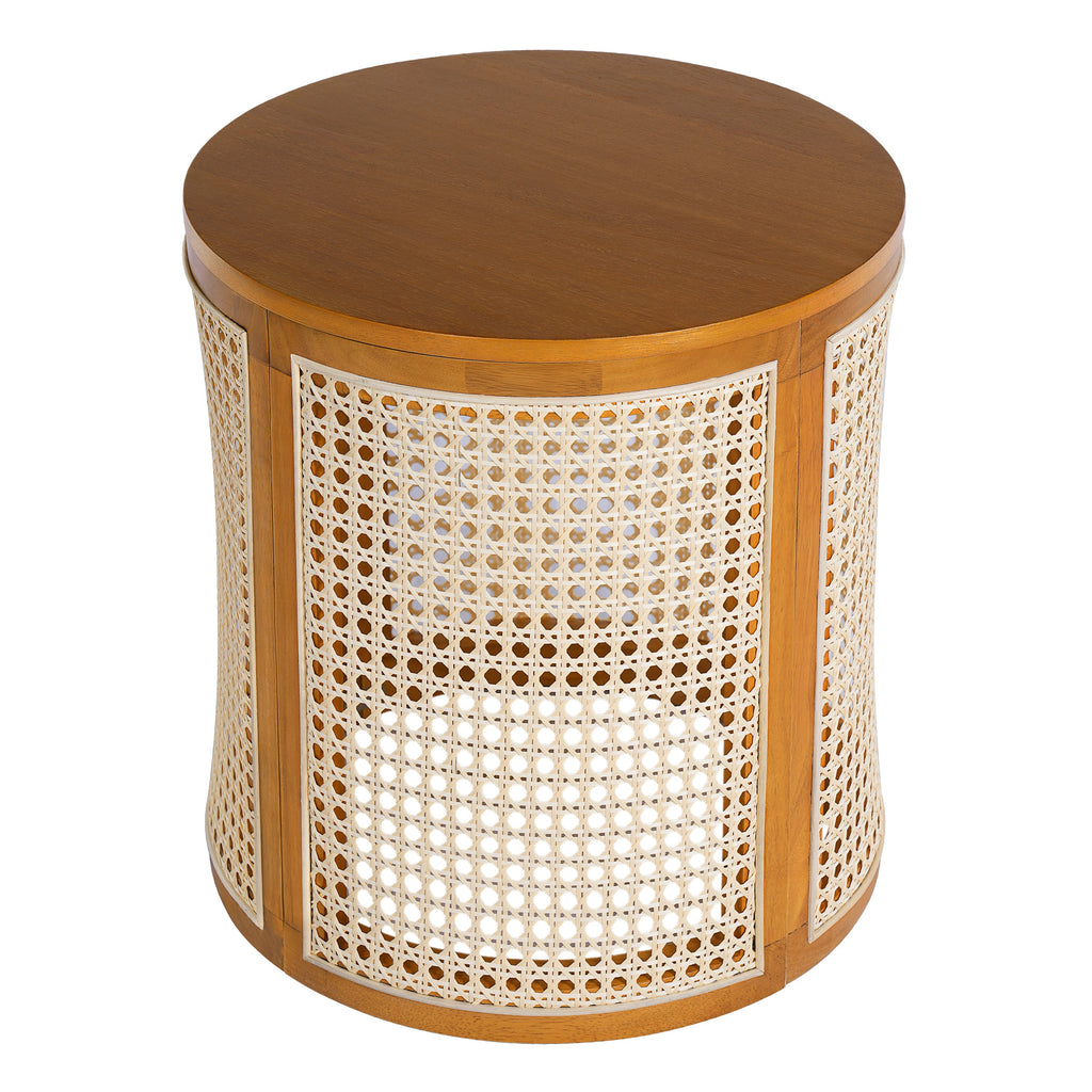 15.70' Round End Table, Hollow Woven Side Table, Small Rubber Wood Nightstand,