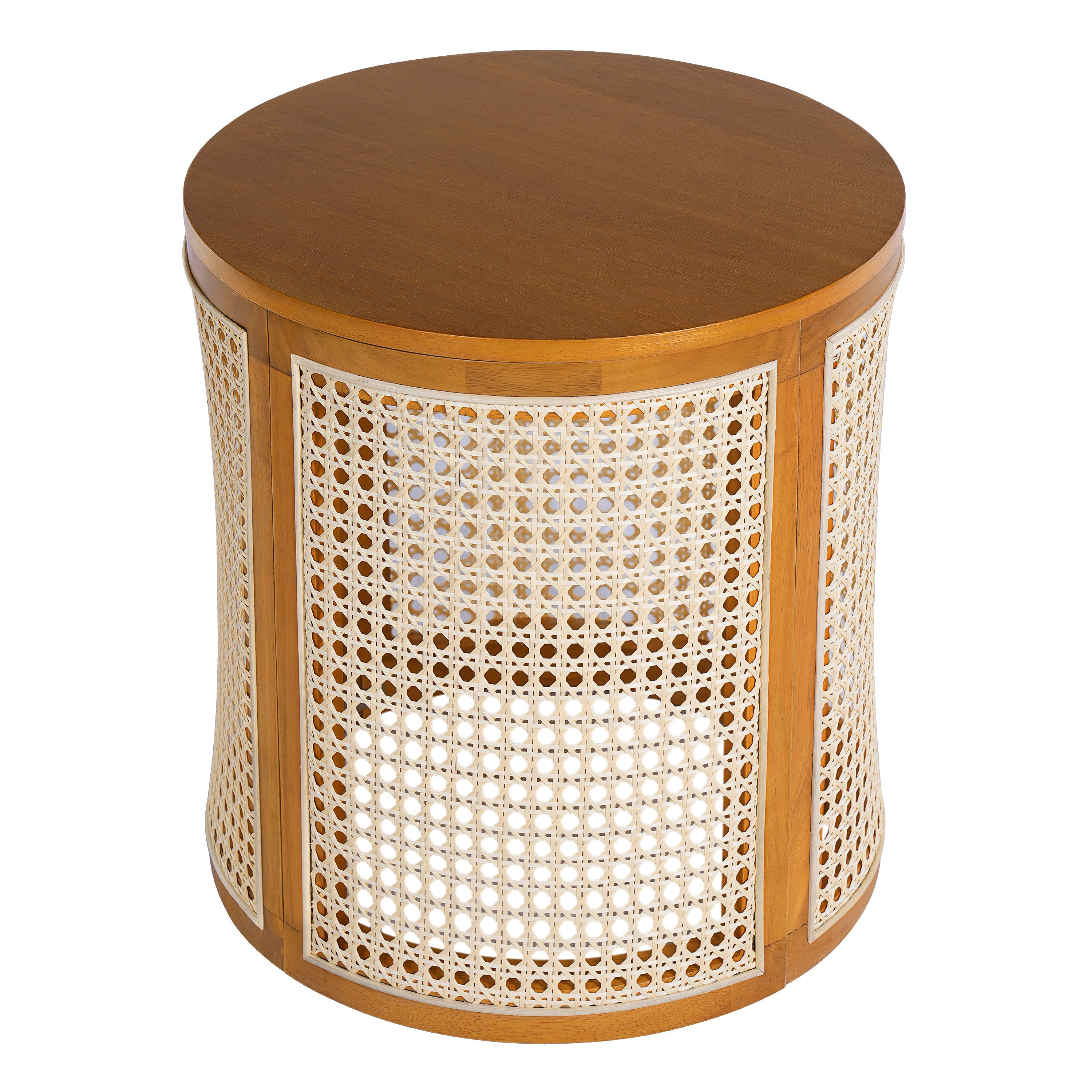 15.70' Round End Table, Hollow Woven Side Table, Small Rubber Wood Nightstand,