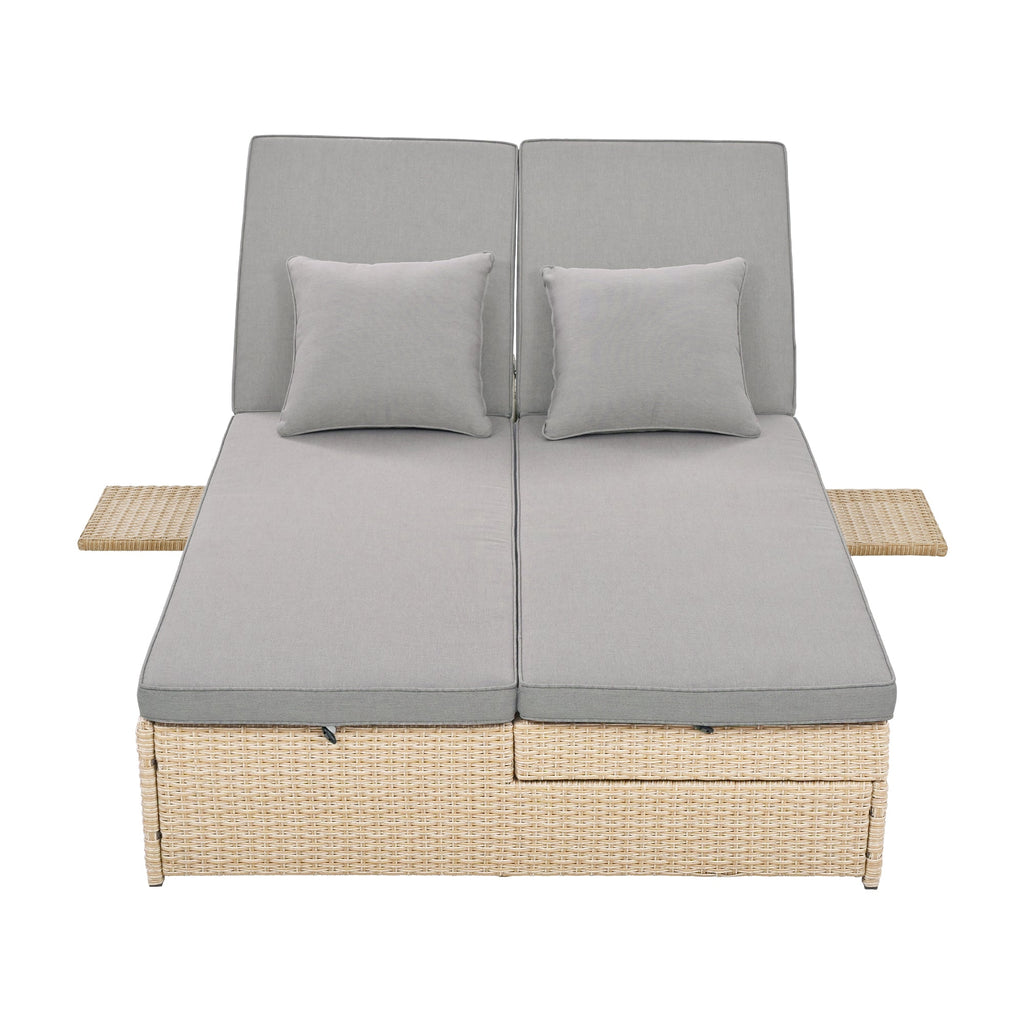 Outdoor Double Sunbed, Wicker Rattan Patio Reclining Chairs with Adjustable