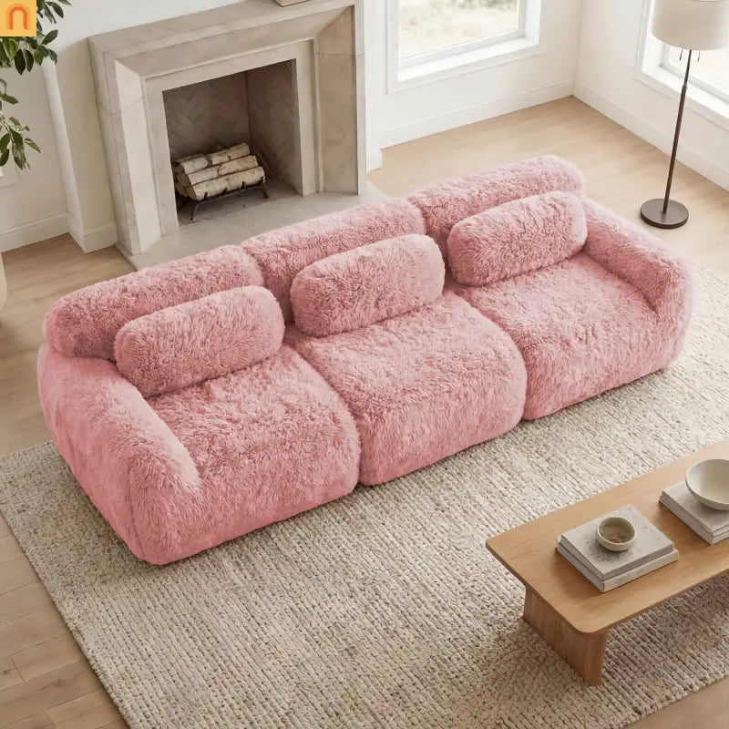 Sectional Sofa Modular Plush Pink 3 Seat Non-Slip 114 In