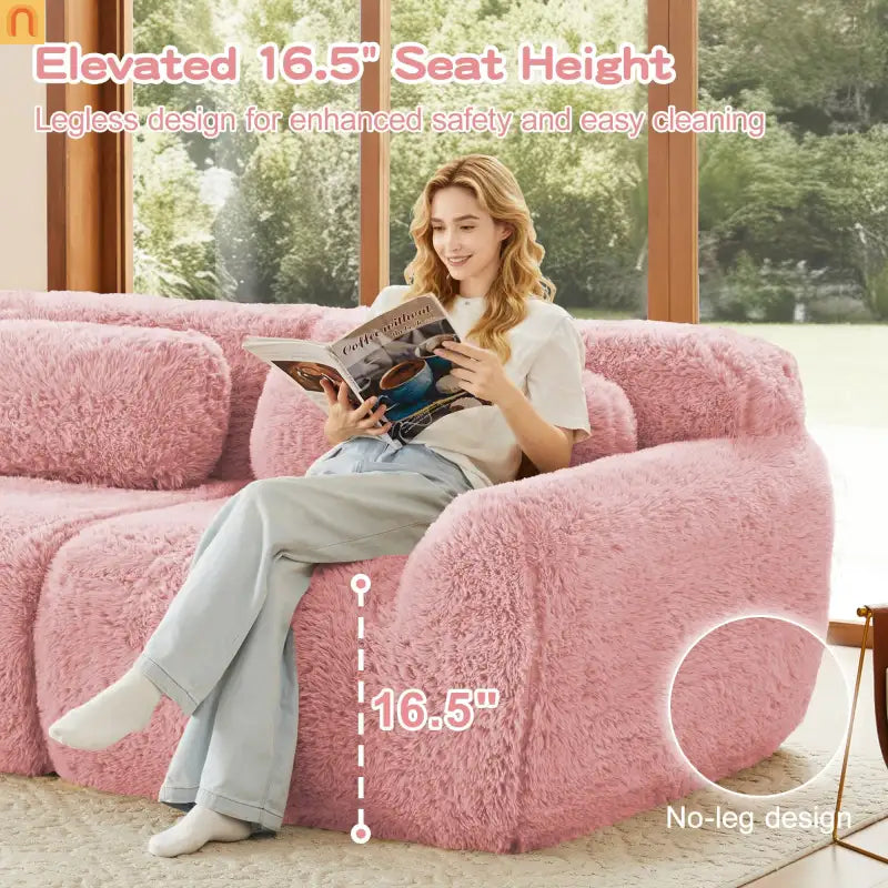 Sectional Sofa Modular Plush Pink 3 Seat Non-Slip 114 In