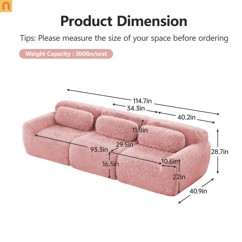 Sectional Sofa Modular Plush Pink 3 Seat Non-Slip 114 In