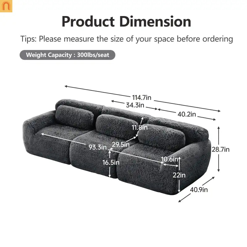 Sectional Sofa Modular Plush Dark Gray 3 Seat Non-Slip 114 In