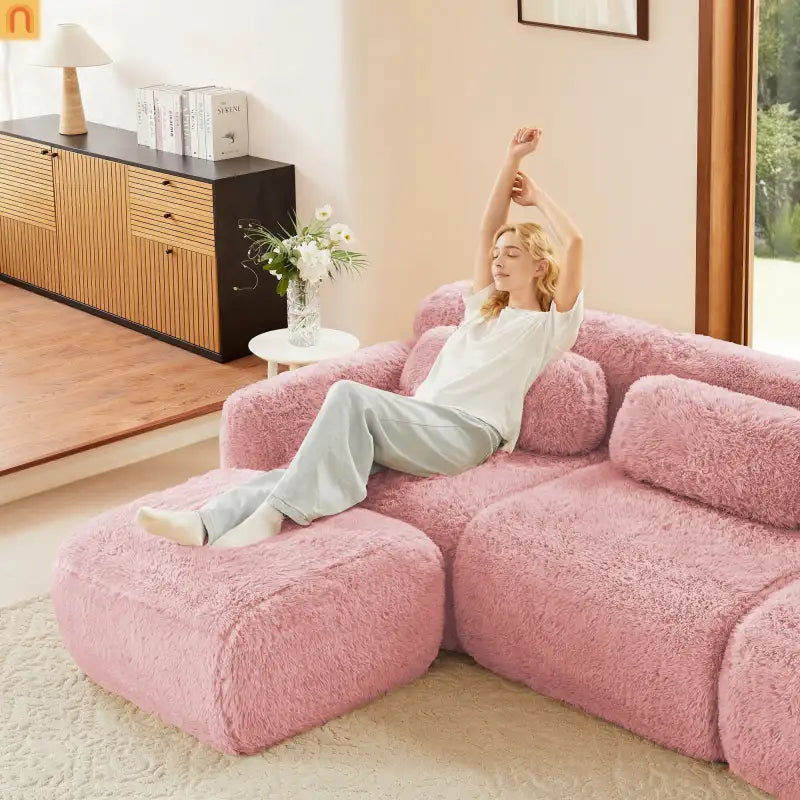 Sectional Sofa Modular Plush Pink 3 Seat Non-Slip 114 In