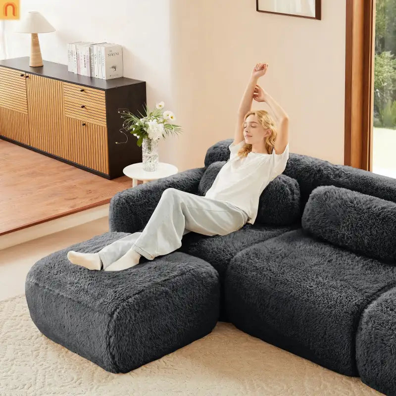 Sectional Sofa Modular Plush Dark Gray 3 Seat Non-Slip 114 In