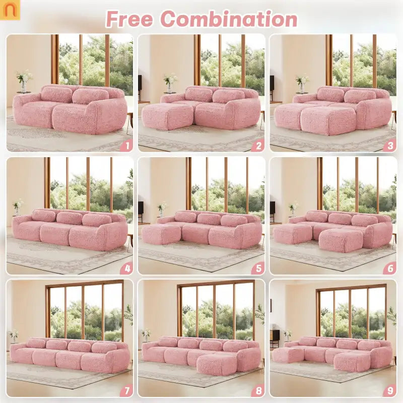 Sectional Sofa Modular Plush Pink 3 Seat Non-Slip 114 In