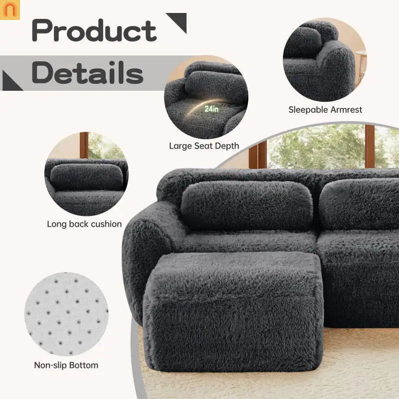 Sectional Sofa Modular Plush Dark Gray 3 Seat Non-Slip 114 In