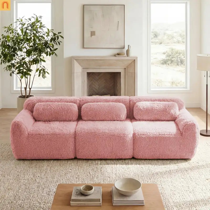 Sectional Sofa Modular Plush Pink 3 Seat Non-Slip 114 In