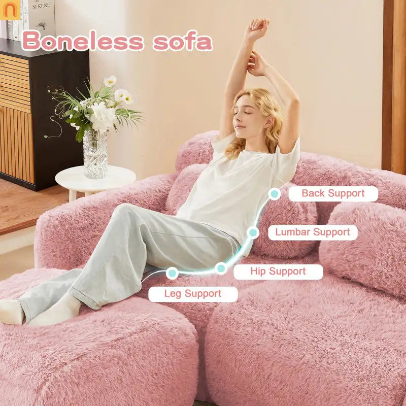 Sectional Sofa Modular Plush Pink 3 Seat Non-Slip 114 In
