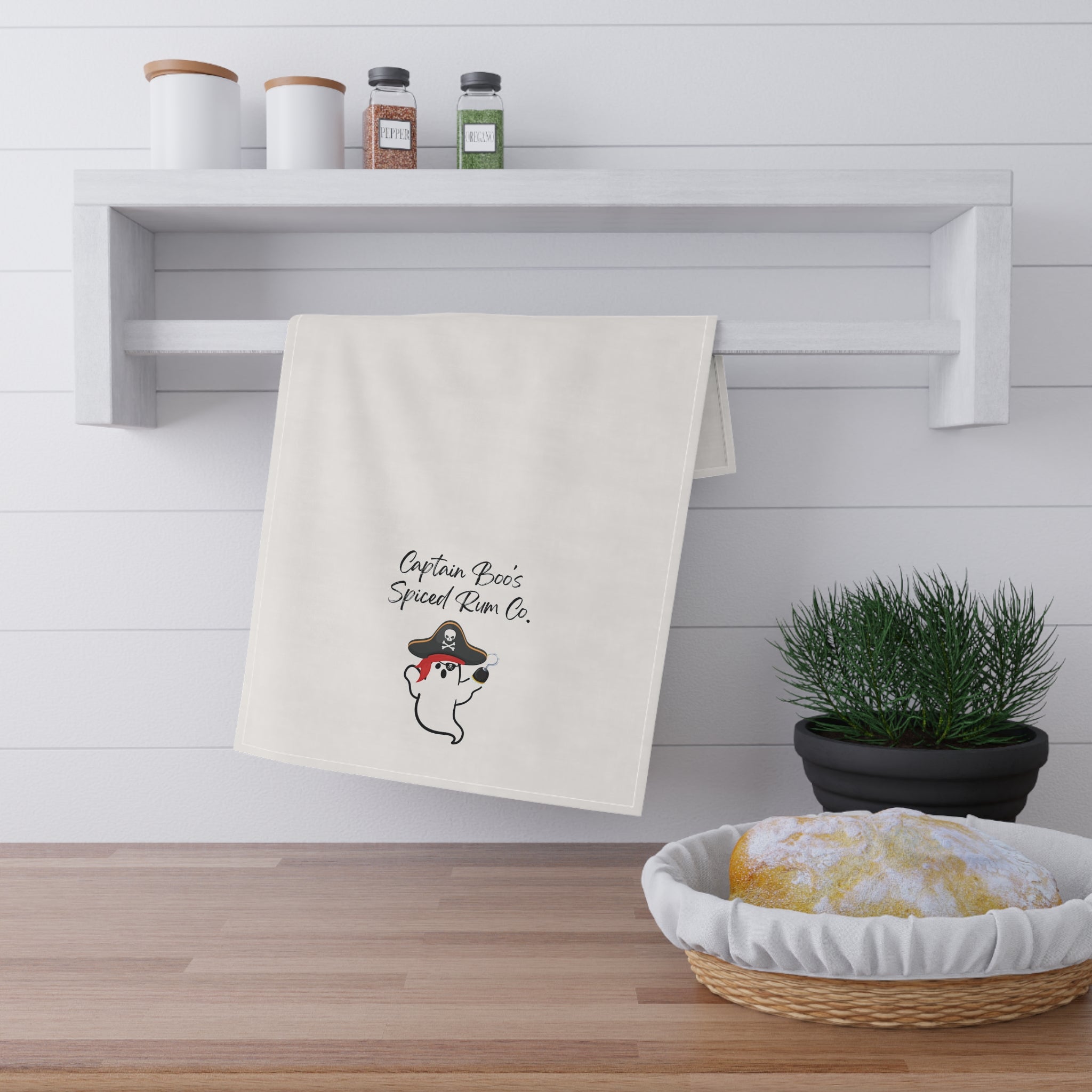 "Captain Boo's Spiced Rum Co" Pirate Ghost Tea Towels, Funny Kitchen Decor, Halloween Gift, Nautical Home Accent, Gift for Rum Lovers