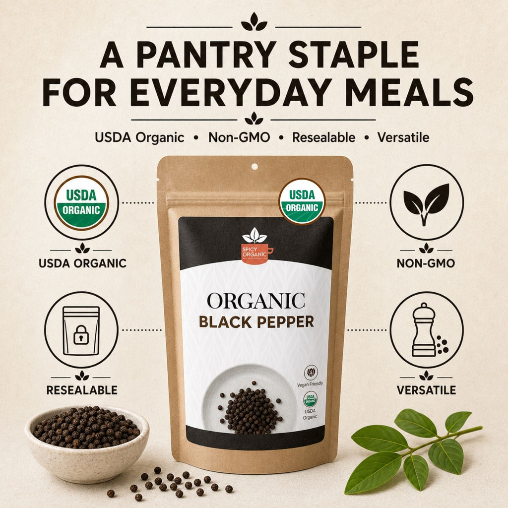 Organic Black Peppercorns — USDA Certified, Non-GMO | Grinding, Marinades & Spice Blends