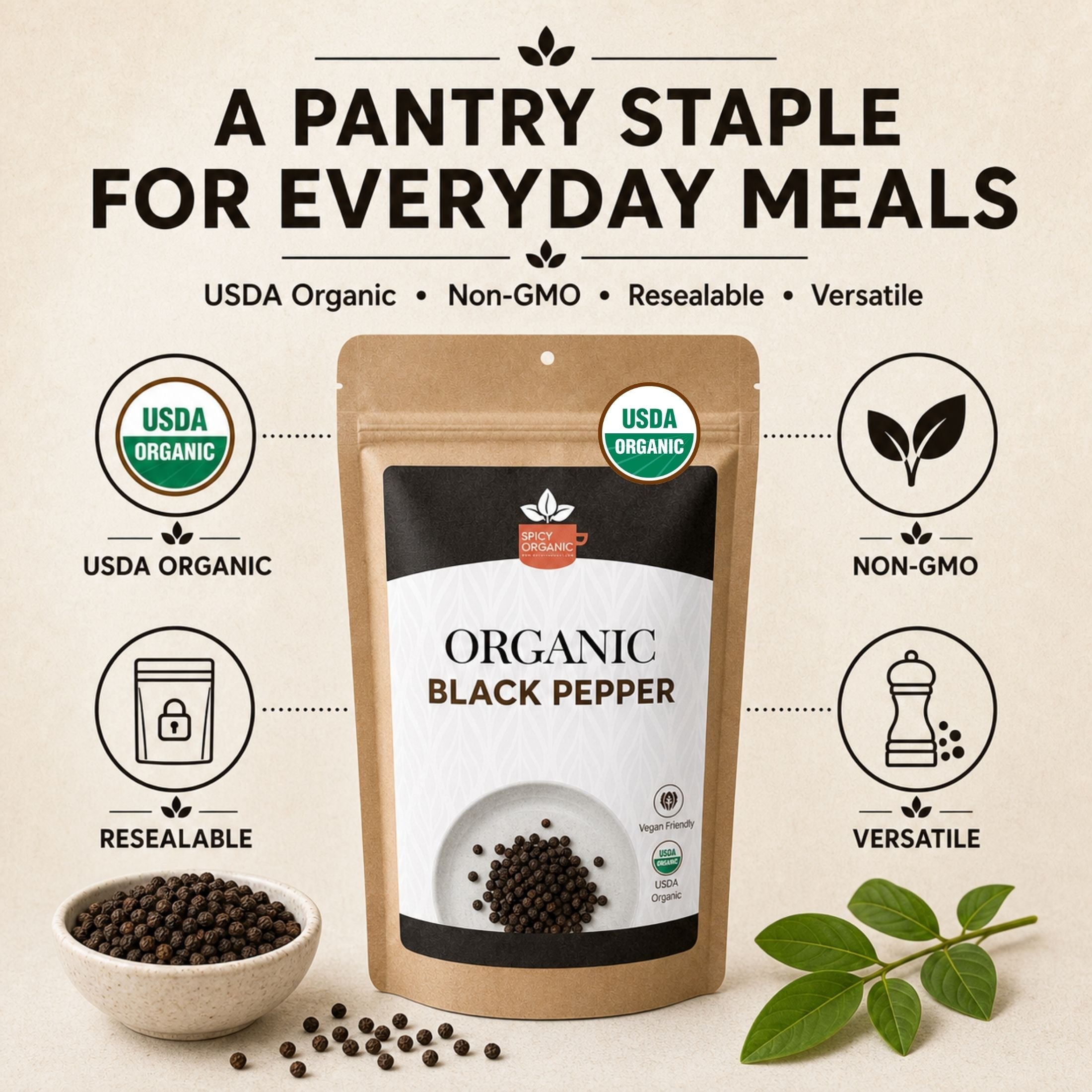 Organic Black Peppercorns — USDA Certified, Non-GMO | Grinding, Marinades & Spice Blends