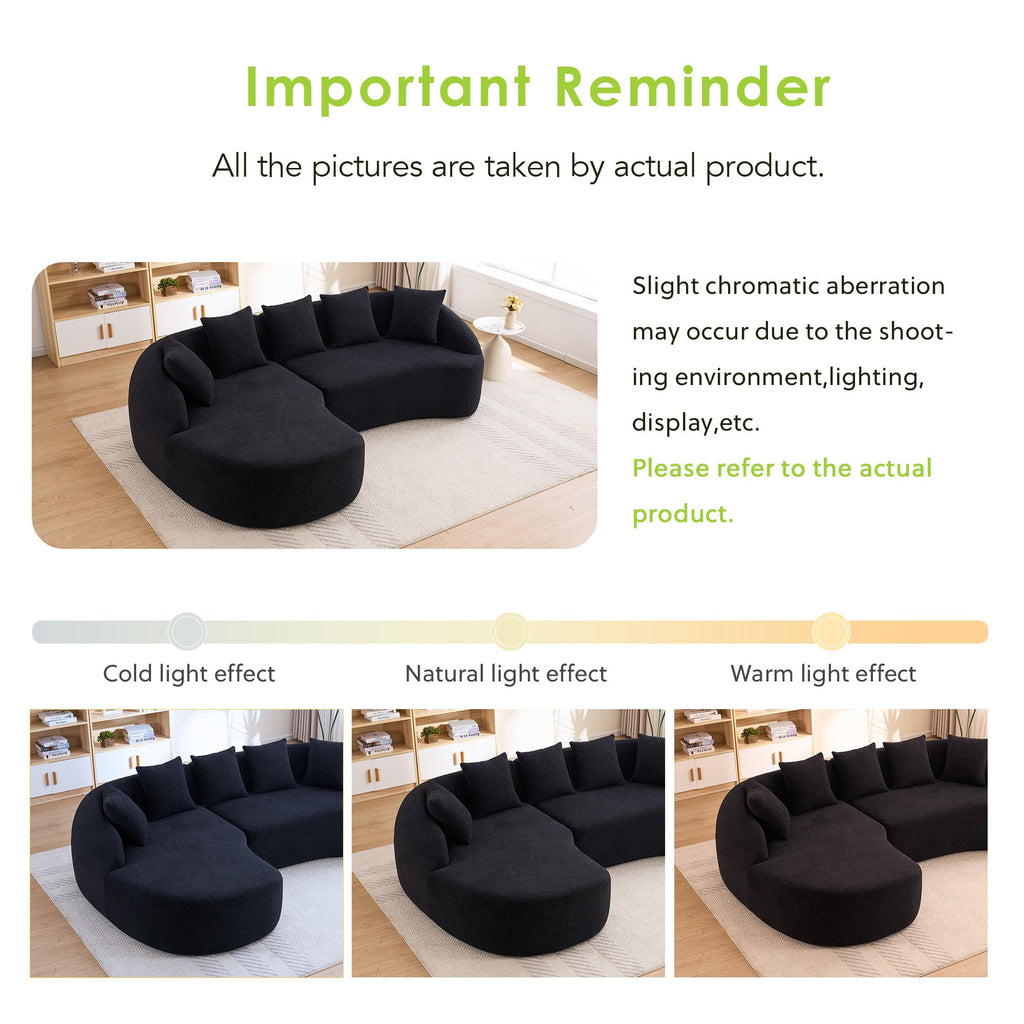 Sectional Sofa L-Shape Curved Chaise Chenille Black 5 Seat 106 In