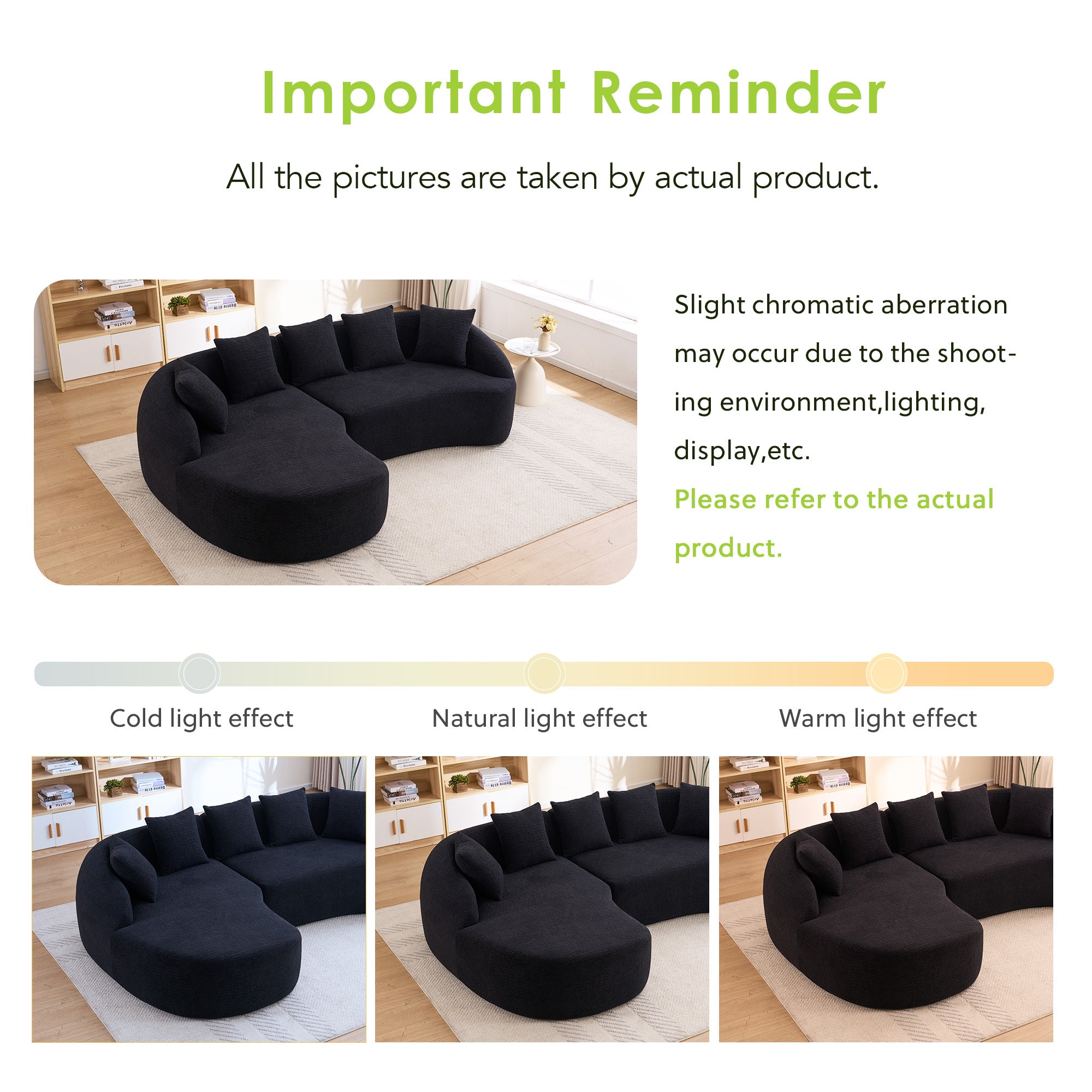Sectional Sofa L-Shape Curved Chaise Chenille Black 5 Seat 106 In