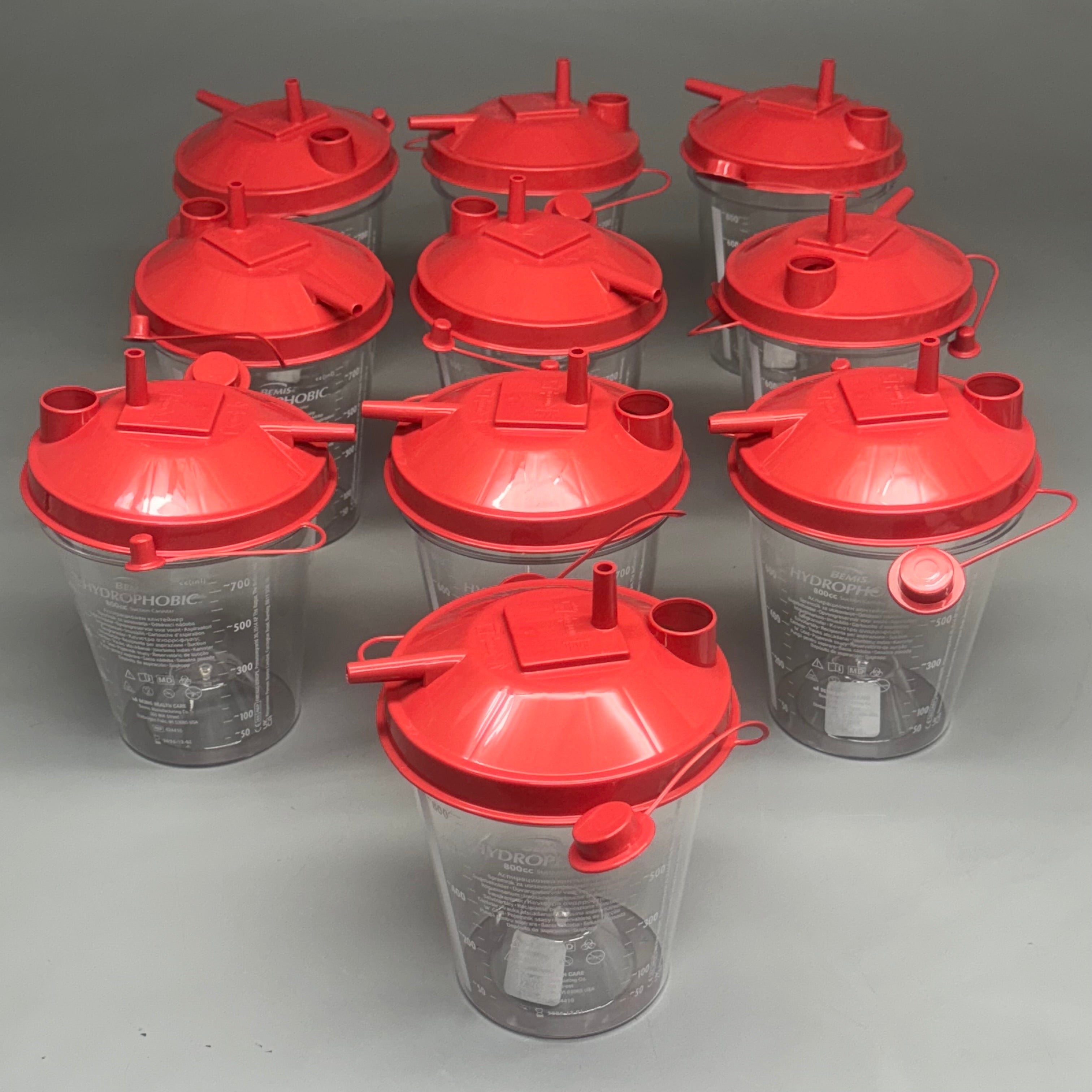 BEMIS HYDROPHOBIC 10PK Suction Canisters 800cc 424410 7 1/2”Hx5”W Clear and Red
