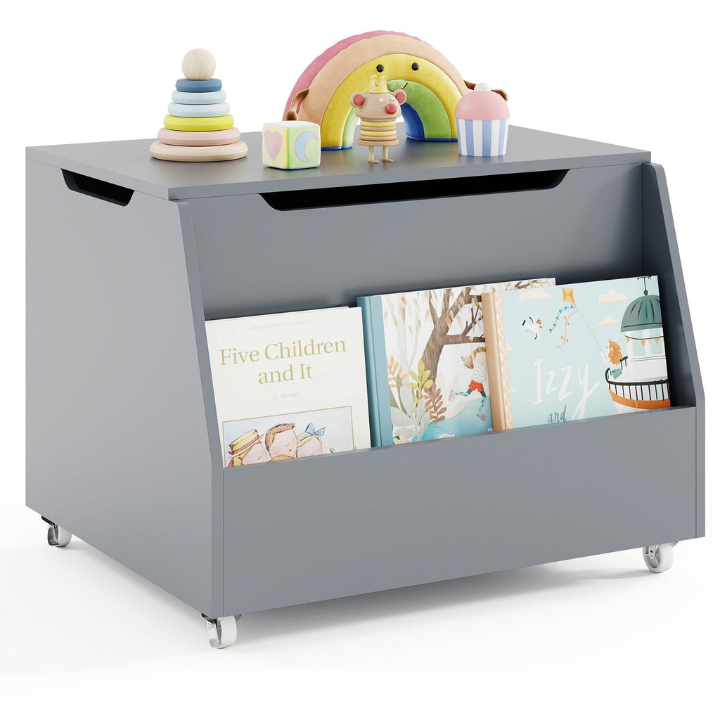 Wooden Mobile Toy Storage Organizer with Bookshelf and Lockable Wheels