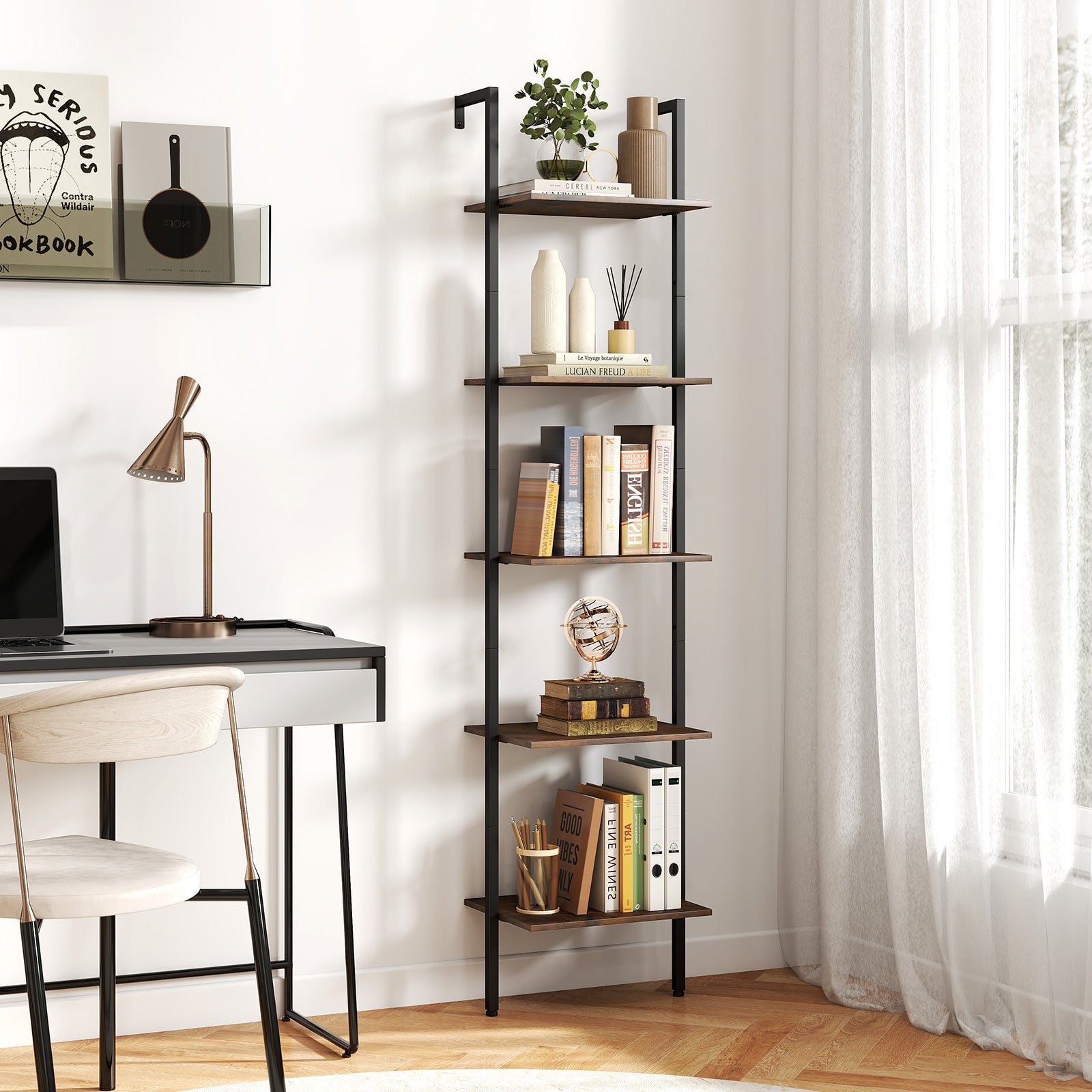 5 Tier Wall Mount Ladder Shelf with Anti-Tipping Kits for Home Office-Rustic Brown