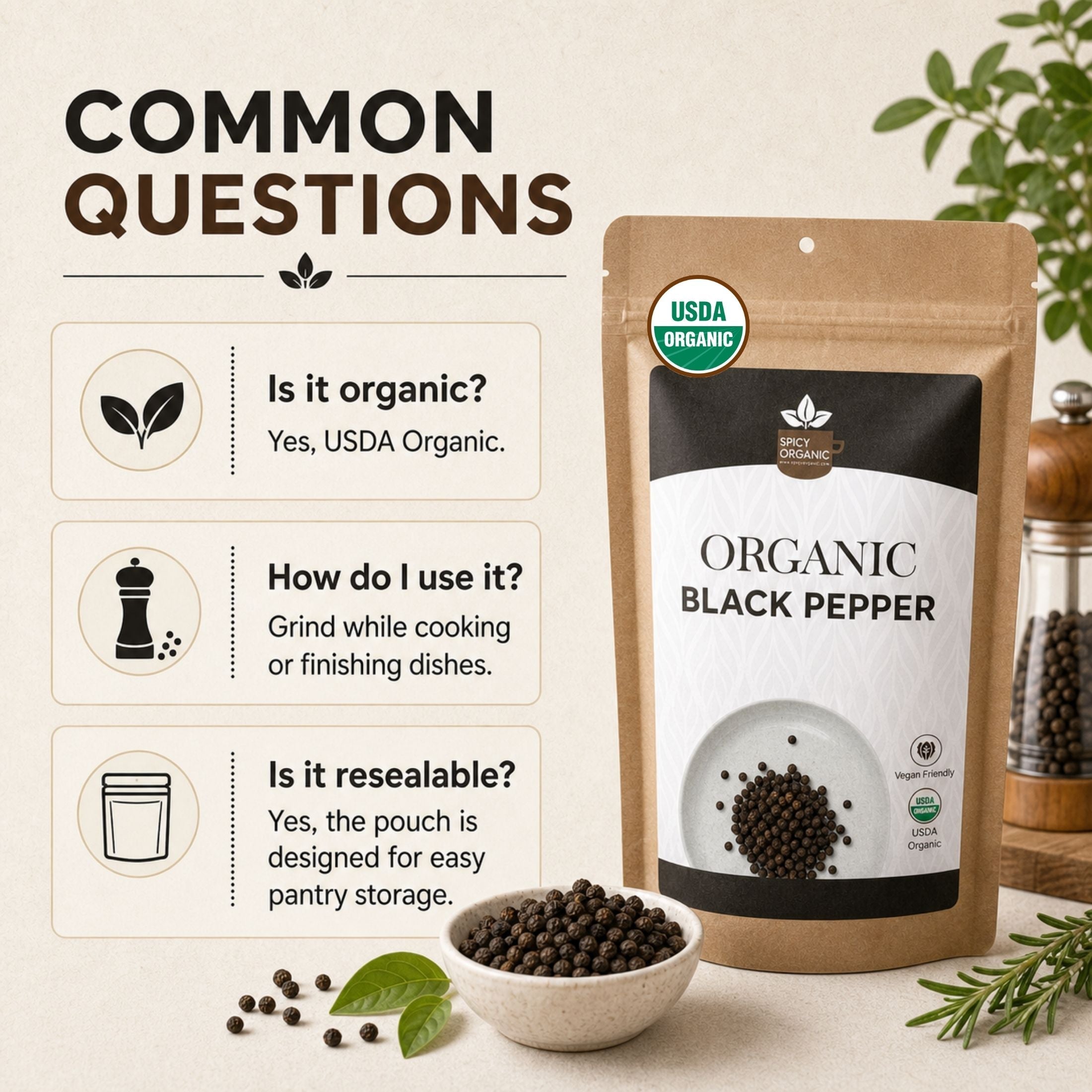 Organic Black Peppercorns — USDA Certified, Non-GMO | Grinding, Marinades & Spice Blends