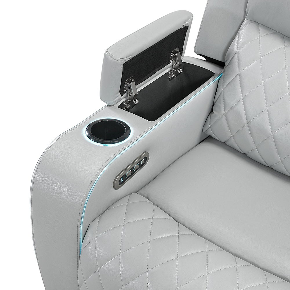 Elonzo - Power Motion Loveseat With Console, LED, Power Headrest & Speaker - Light Gray