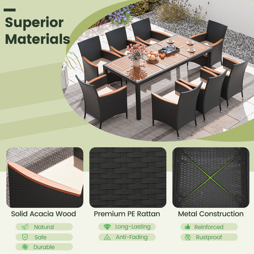 11 Pieces Patio Dining Set with LED Patio Umbrella with Base and Seat Cushions (Beige)