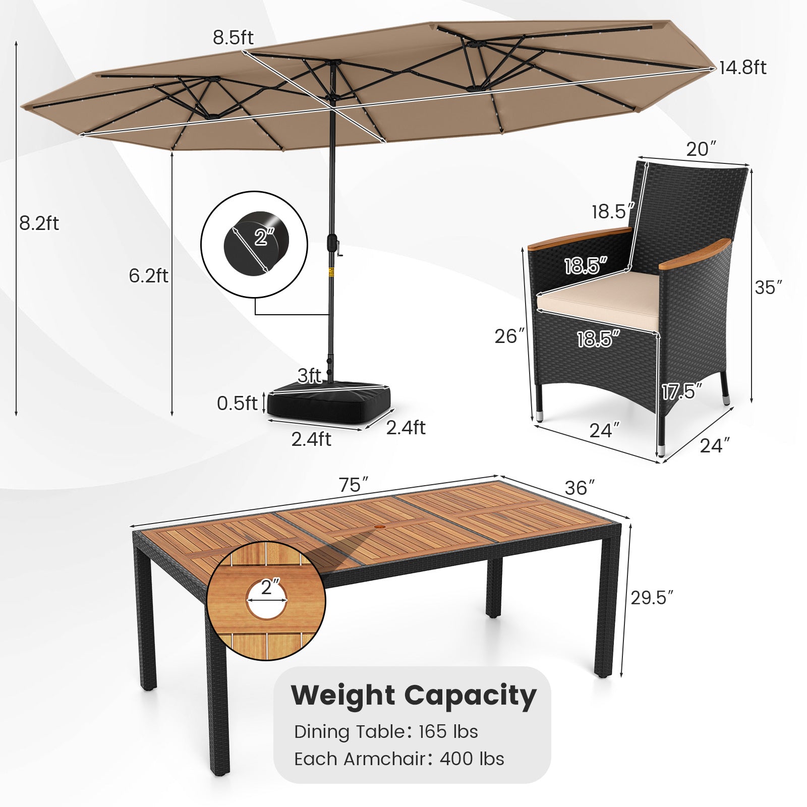 11 Pieces Patio Dining Set with LED Patio Umbrella with Base and Seat Cushions (Beige)