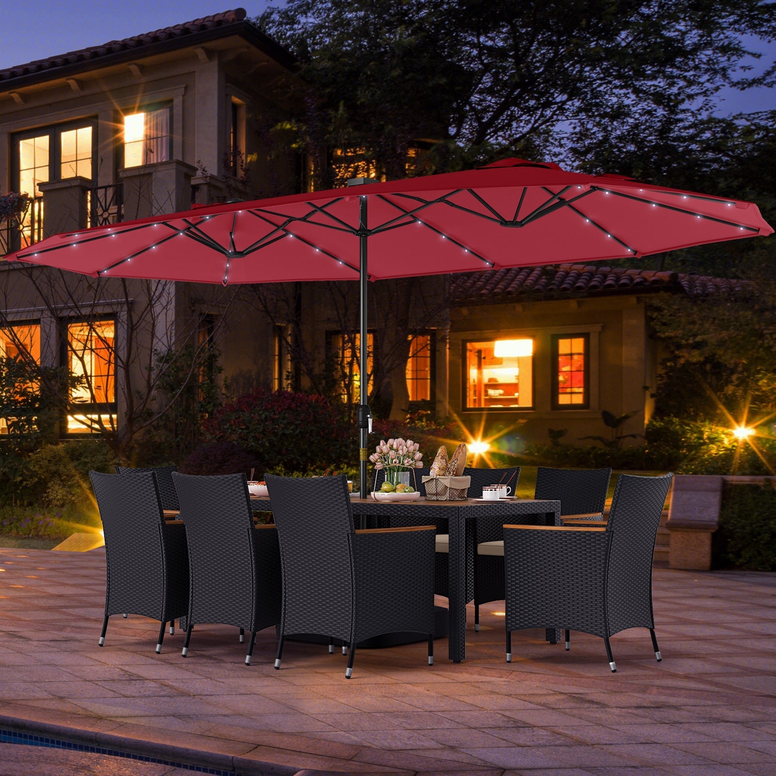 11 Pieces Patio Dining Set with LED Patio Umbrella with Base and Seat Cushions (Beige)