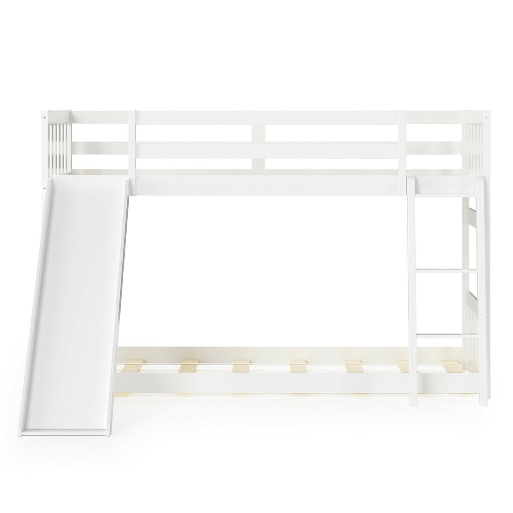 Twin over Twin Bunk Wooden Low Bed with Slide Ladder for Kids
