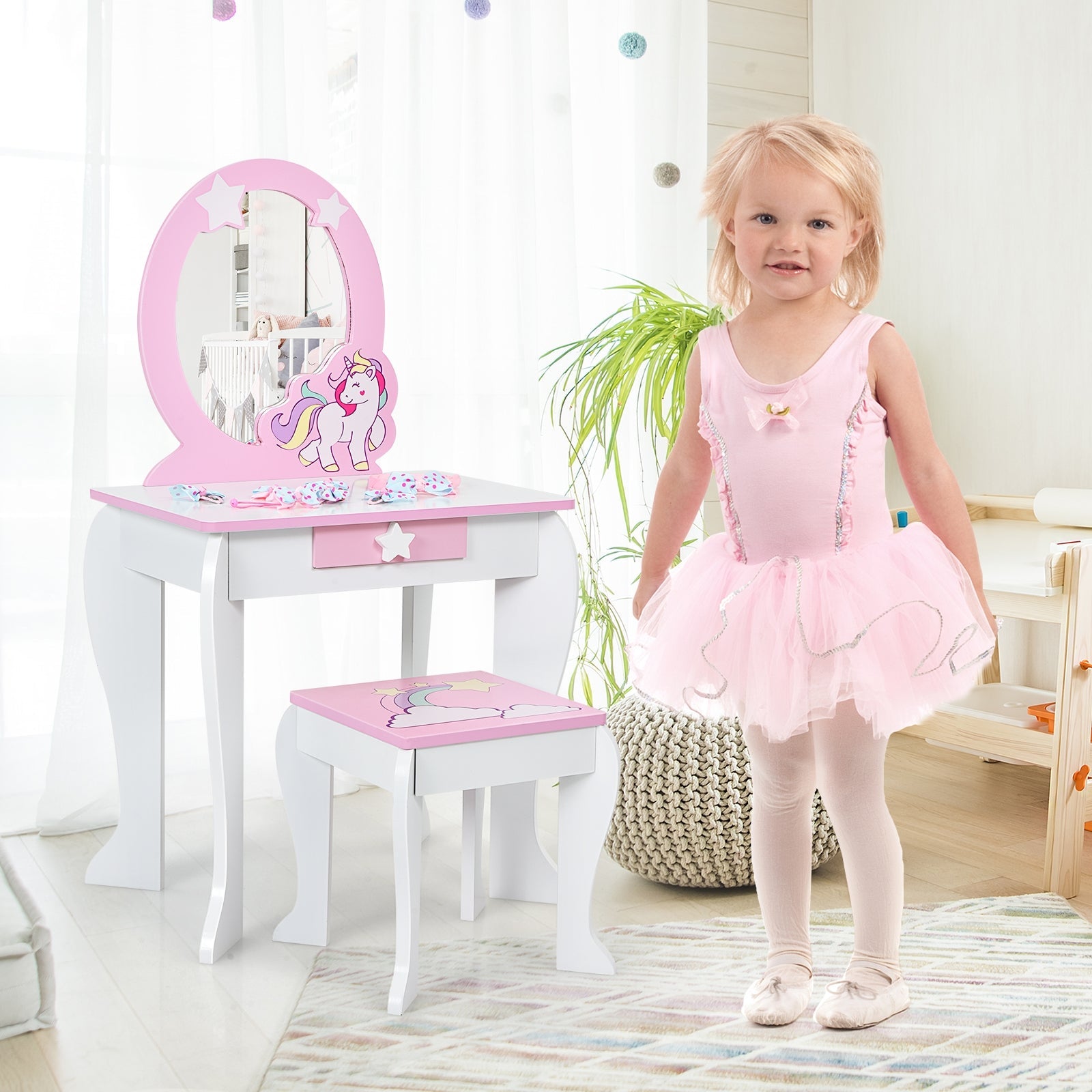 Kids Wooden Makeup Dressing Table and Chair Set with Mirror and Drawer
