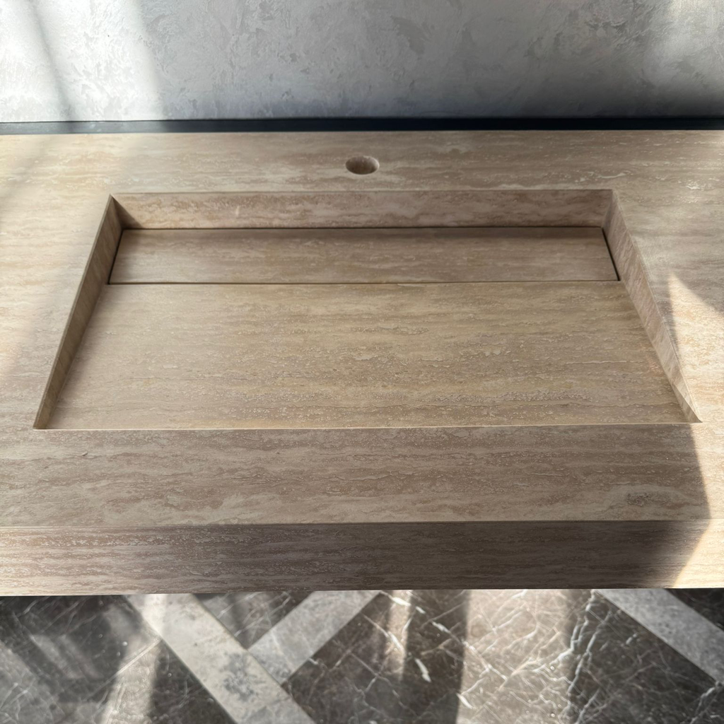 Vein Cut Travertine Natural Stone Bathroom Sink - Handmade Modern