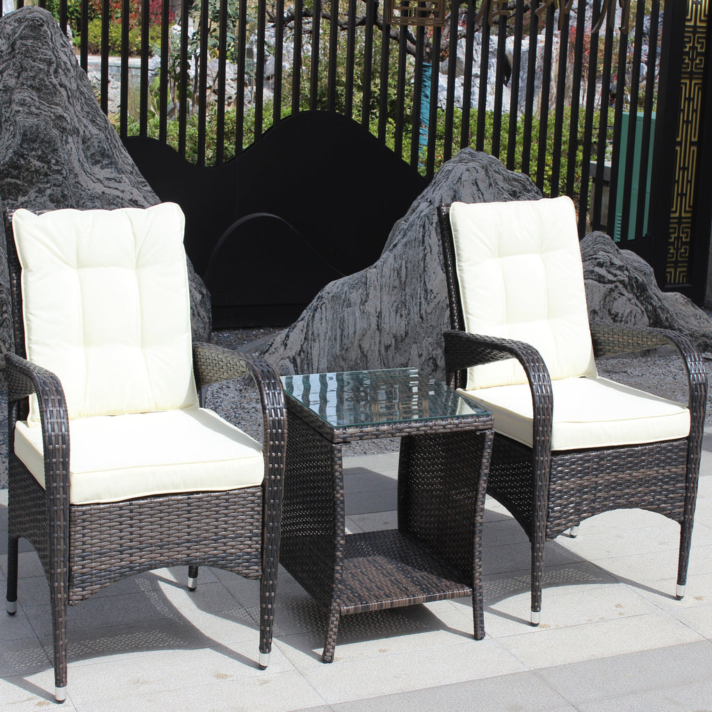 Outdoor Conversation Set PE Rattan Steel Brown Beige Cushion 3 Piece