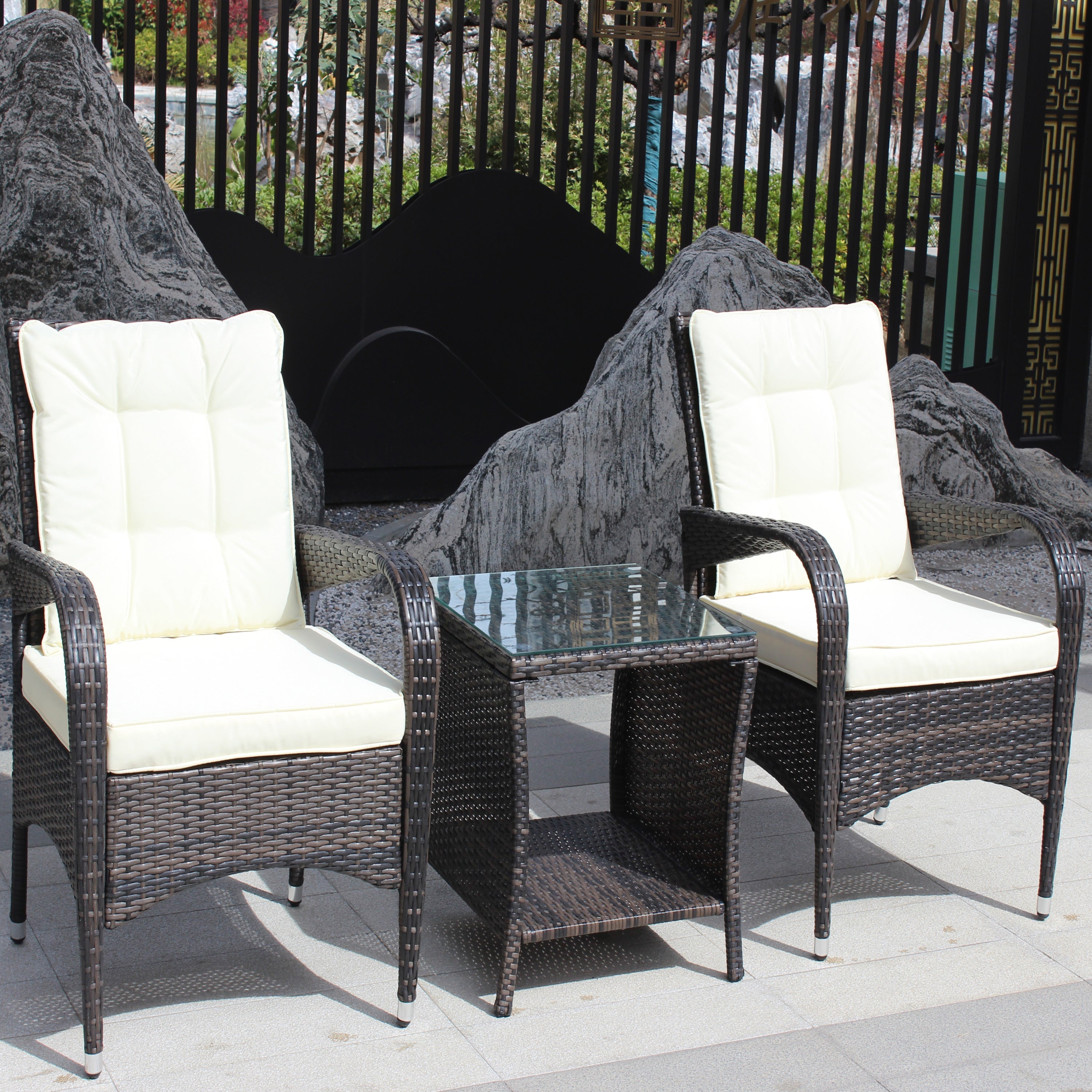 Outdoor Conversation Set PE Rattan Steel Brown Beige Cushion 3 Piece