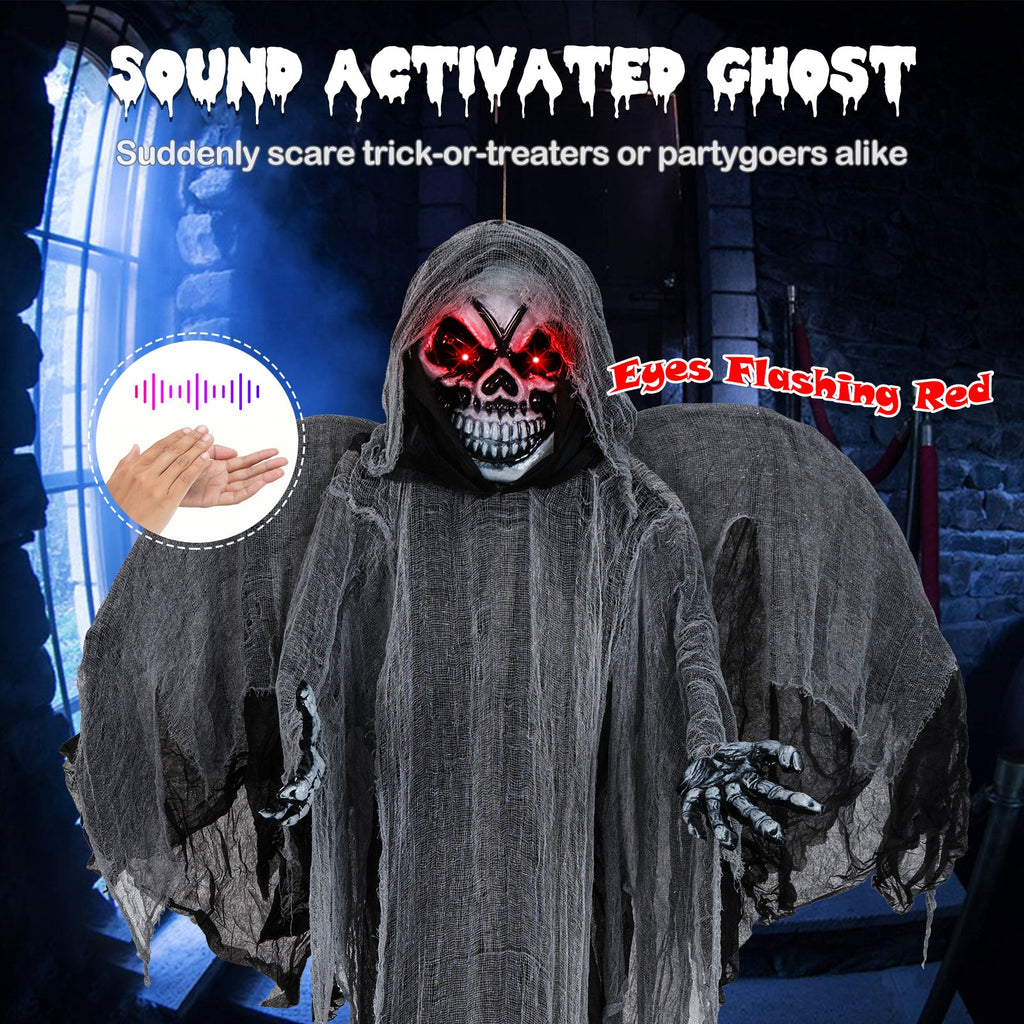 12.1 Ft Skeleton Ghost with Flickering Red Eyes and Scary Sounds