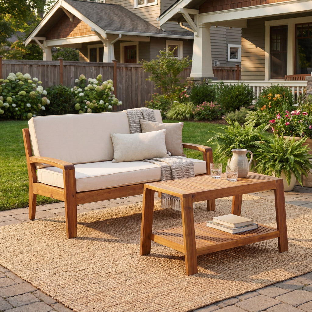 Outdoor Conversation Set Acacia Wood Teak Beige Cushion 2 Piece