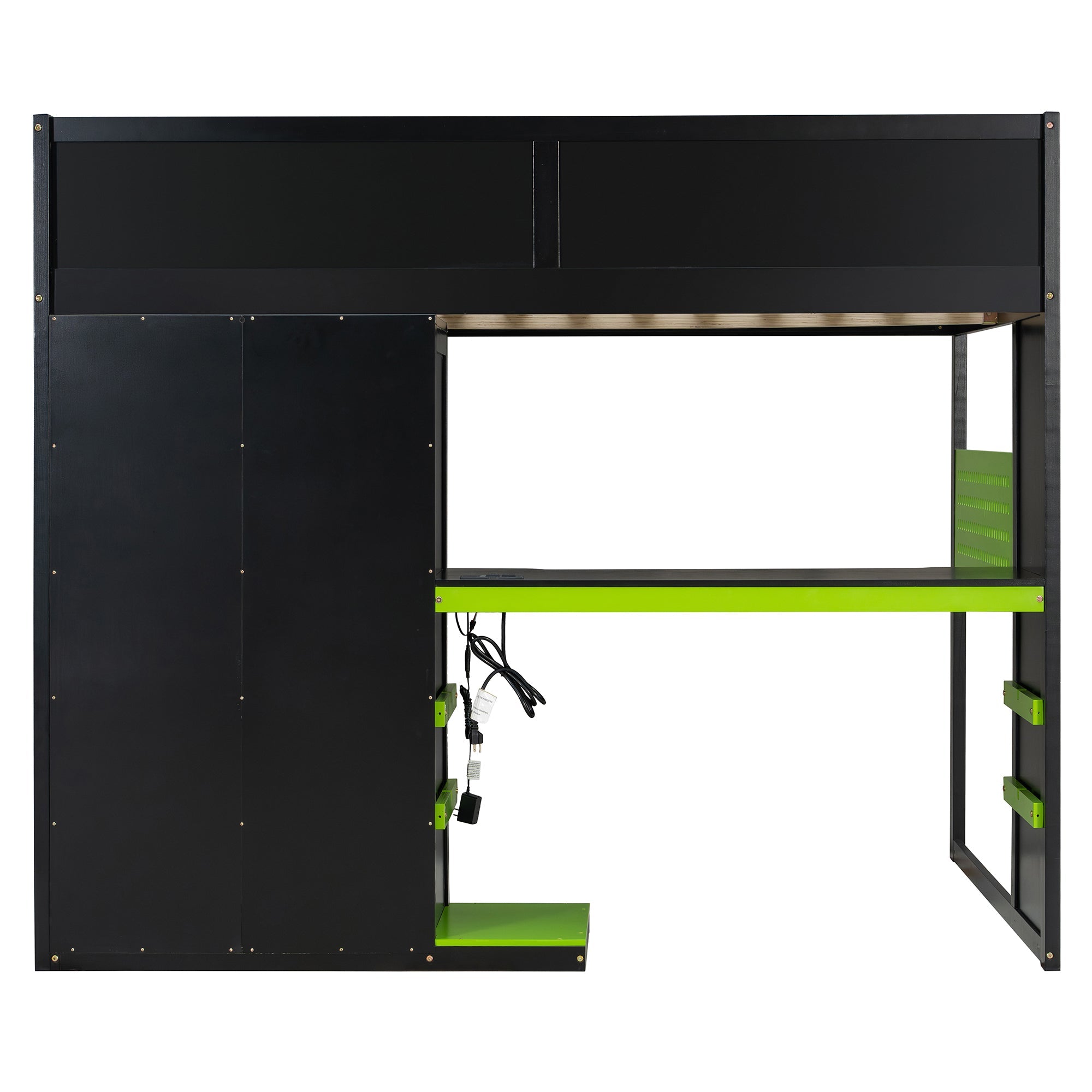 Full Size Wood Loft Bed with Desk, Multi-storage Shelves,USB and RGB Light,Green