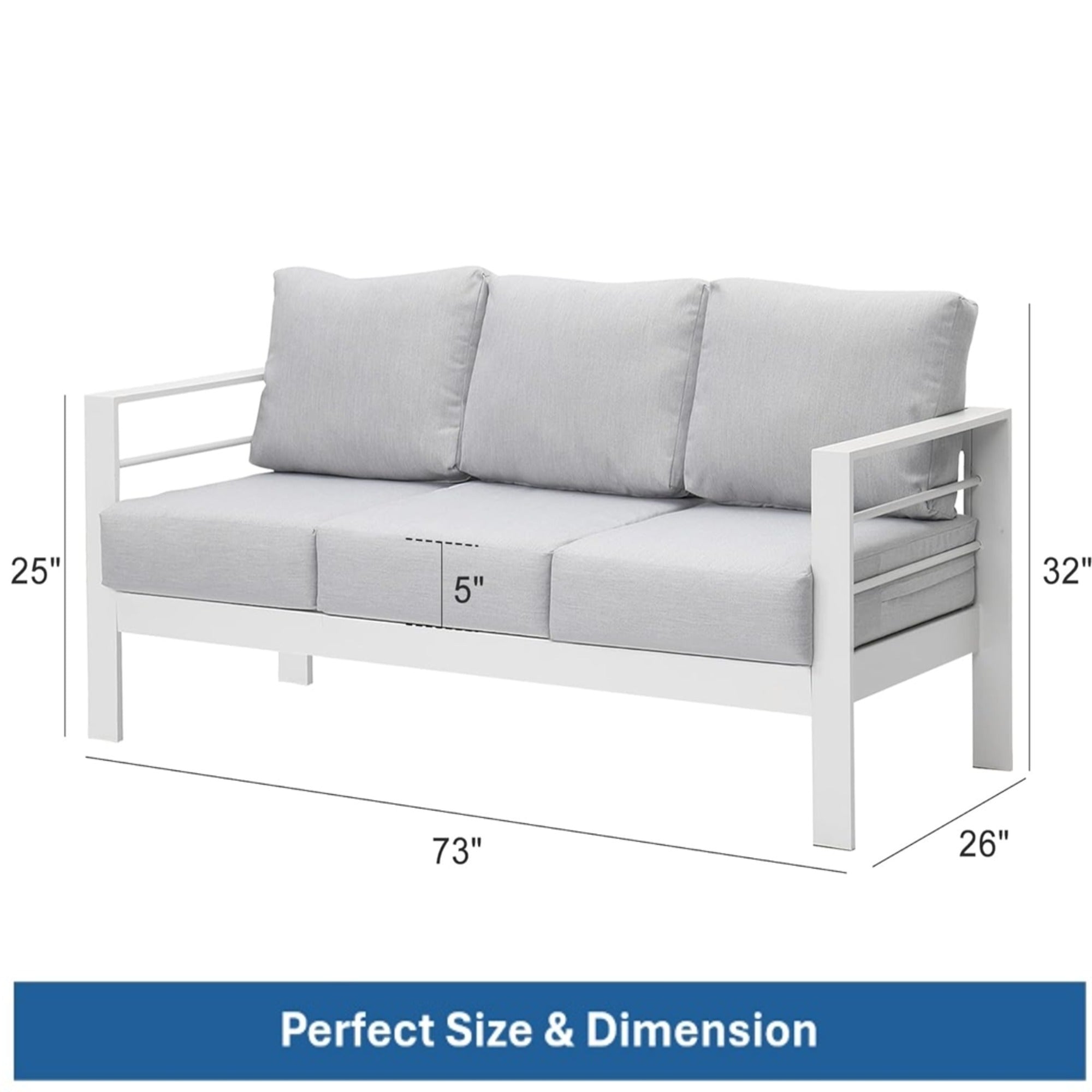 Outdoor Aluminum Sofa 3 Seat 74in White Cushions