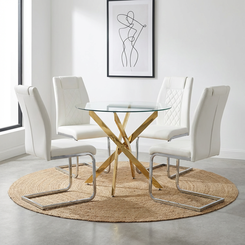 Round Glass Dining Table Set for 4, 35.5' Glass Dining Table with Gold Legs,