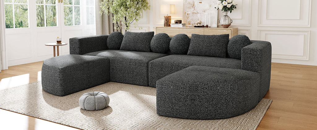 Sectional Sofa U-Shape Modular Boucle Black 6-Seat Deep Seating 114.9x64.5 In