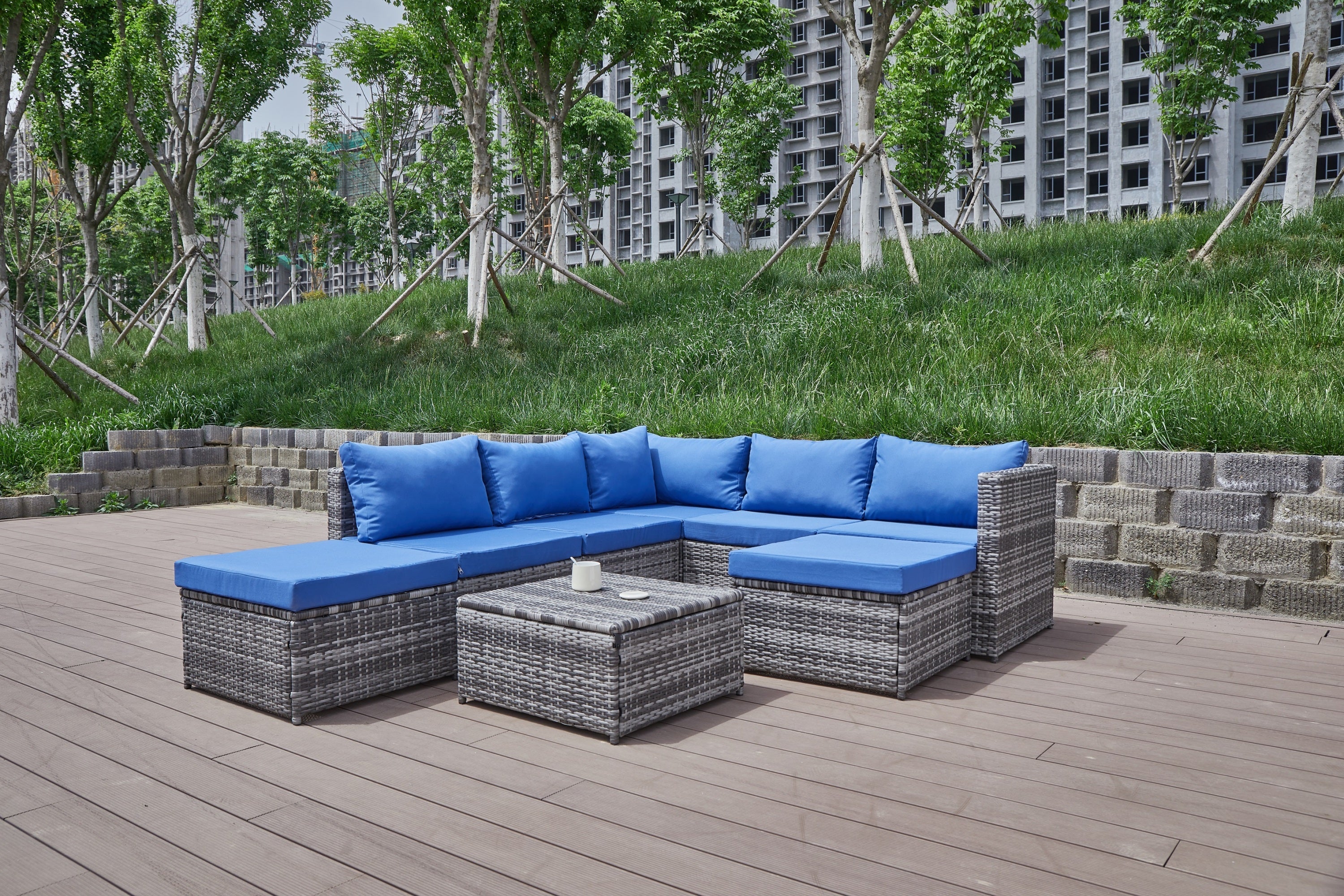 Outdoor Patio Sofa Set PE Rattan Blue Gray All Weather Steel Frame
