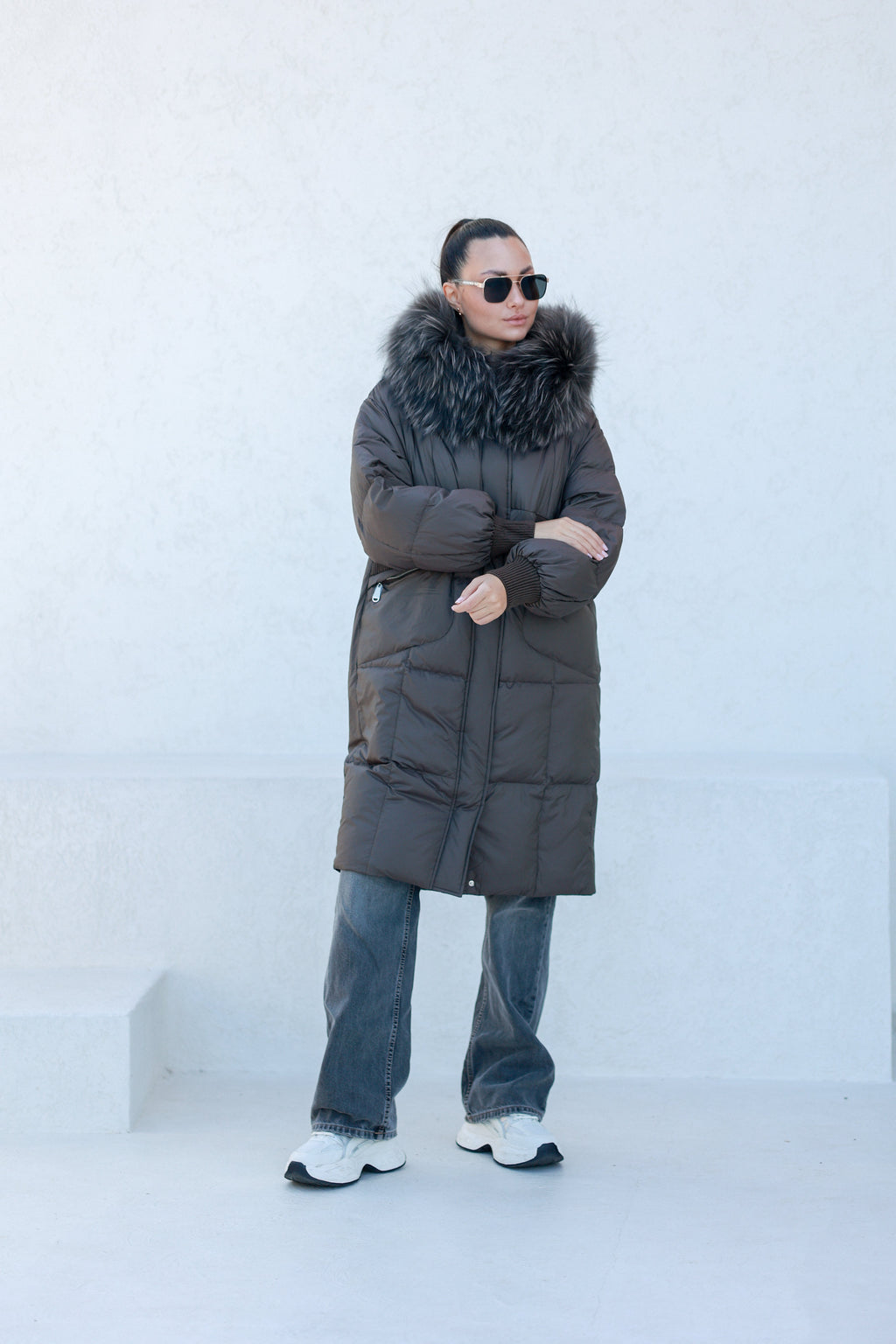 Lauren Genuine Fur Trim Down Fill Coat in Tobacco